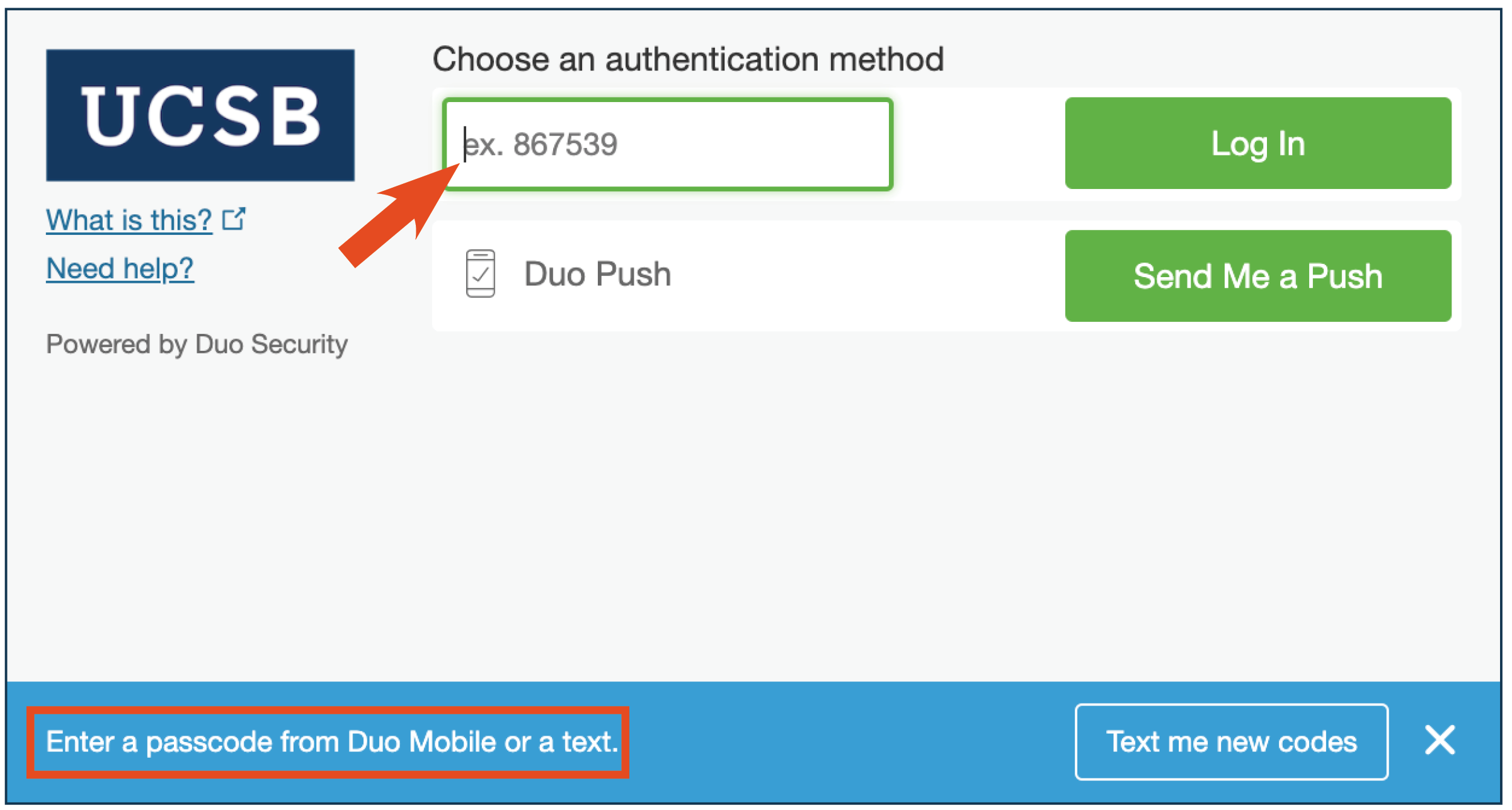 Enter passcode from Duo Mobile app